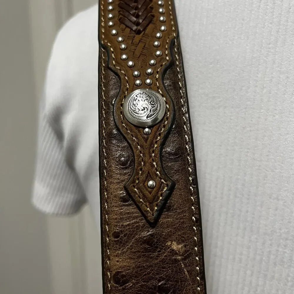 Nocona Mens Brown Ostrich Leather Studded Western Belt Sz 40 N2491844 EUC